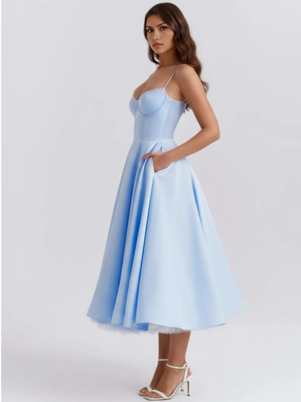 Almond Muse Selene Light Blue Fit-and-Flare Midi Dress with Spaghetti Straps - Picture 2 of 7